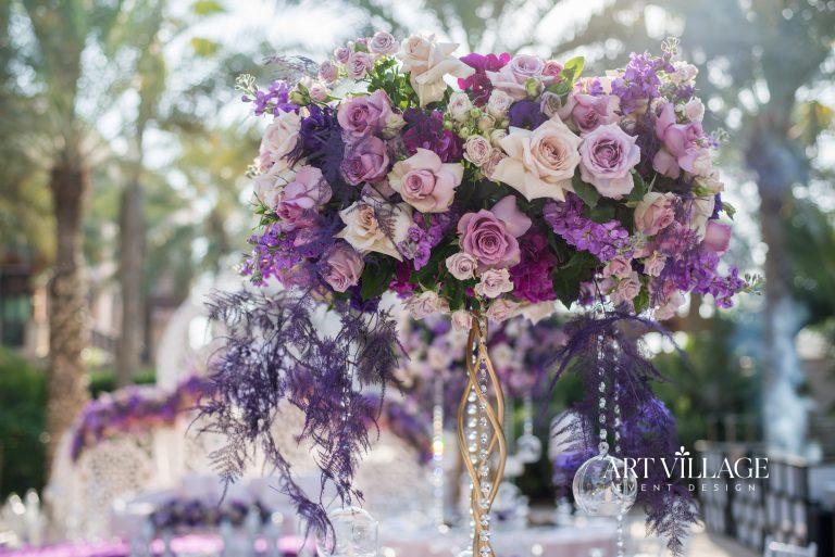 purple and white flower arrangements